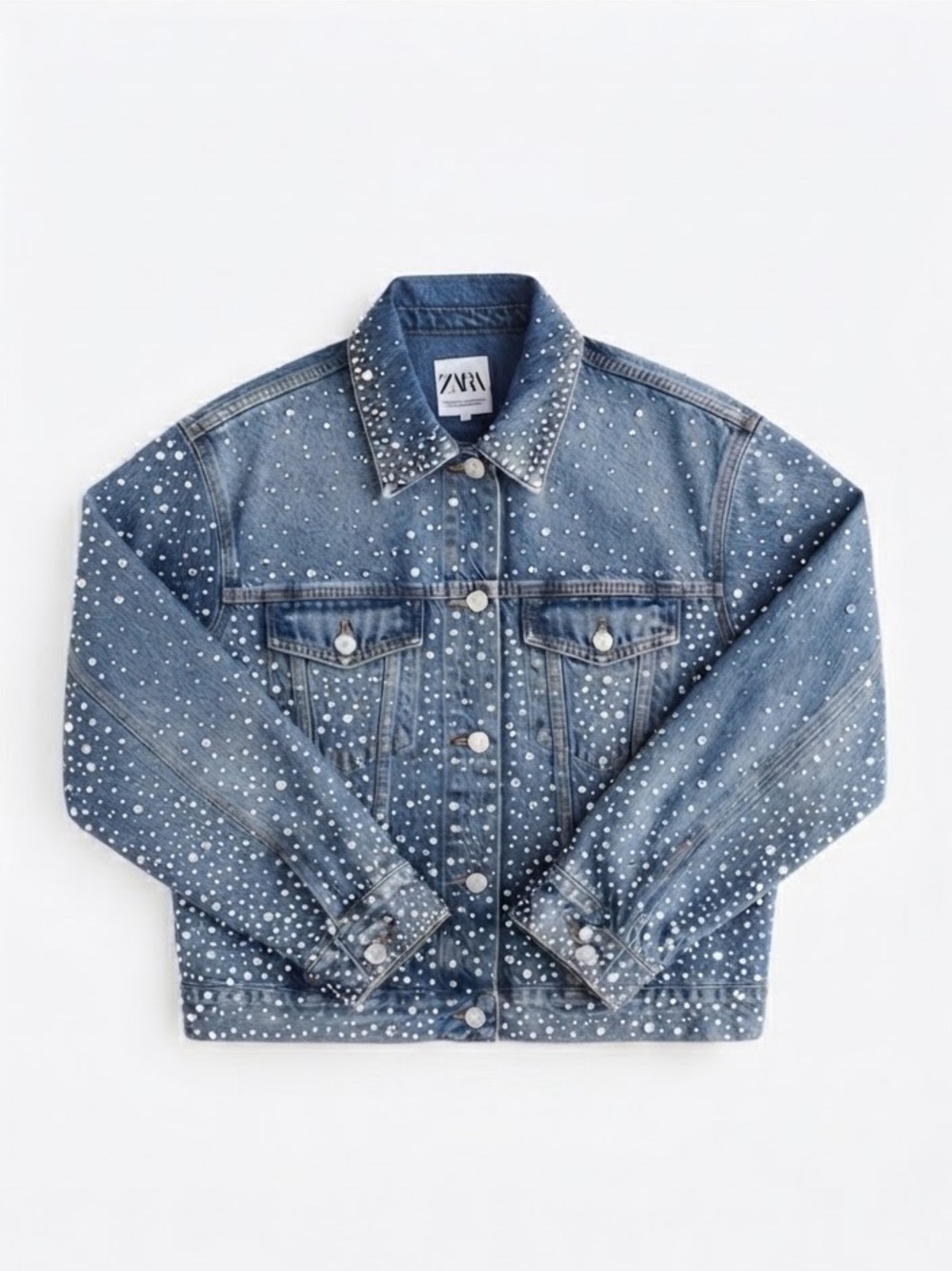 ZARA Oversized Rhinestone Embellished Crystal Floral Denim Jacket Bling Y2K / S